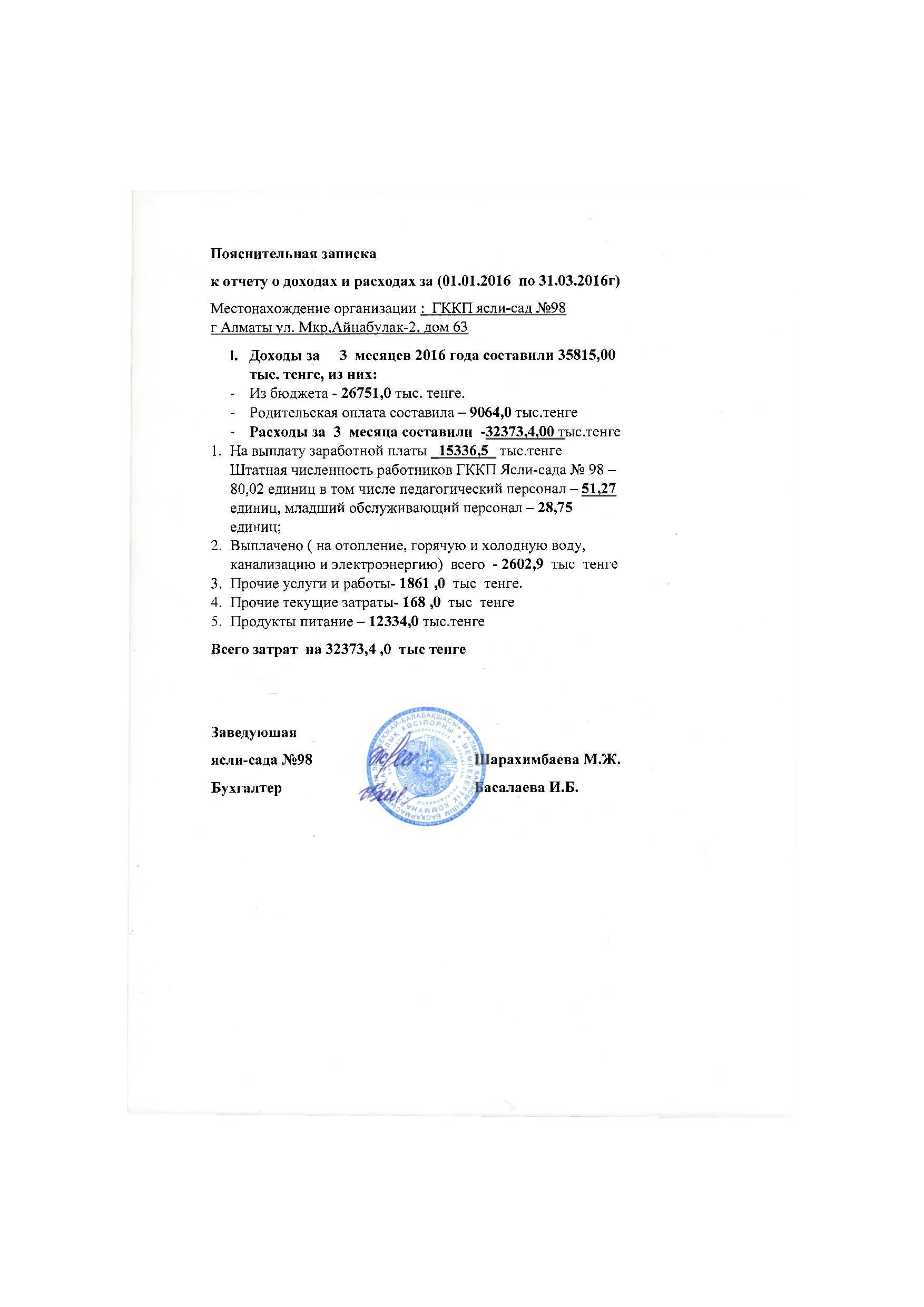 Отчет о доходах и расходах за 1 кв 2016