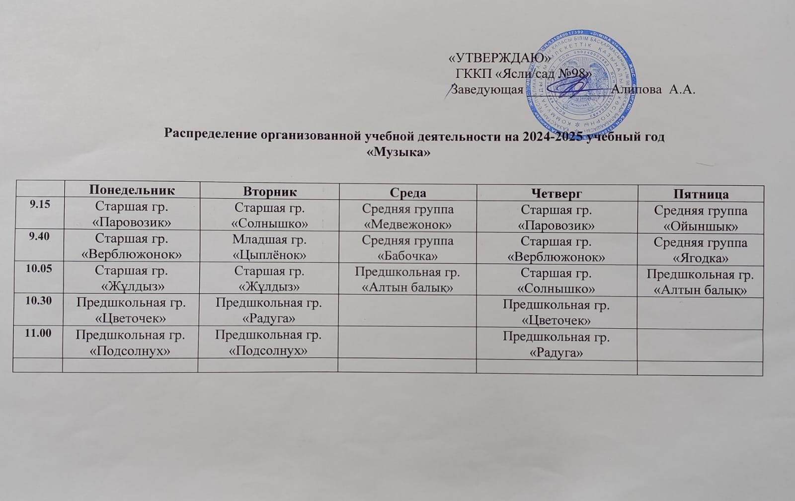 Распределение  организованной учебной деятельности на 2024-2025 учебный год  " МУЗЫКА "