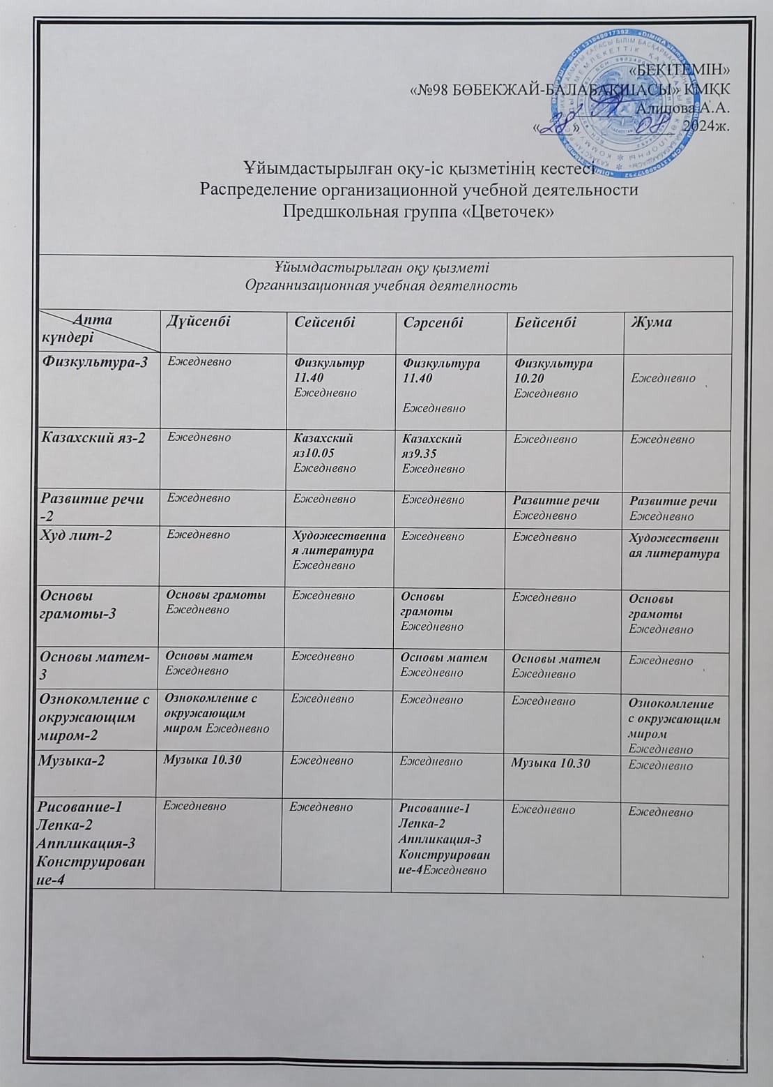 Ұйымдастырылған оқу - іс қызметінің кестесі
