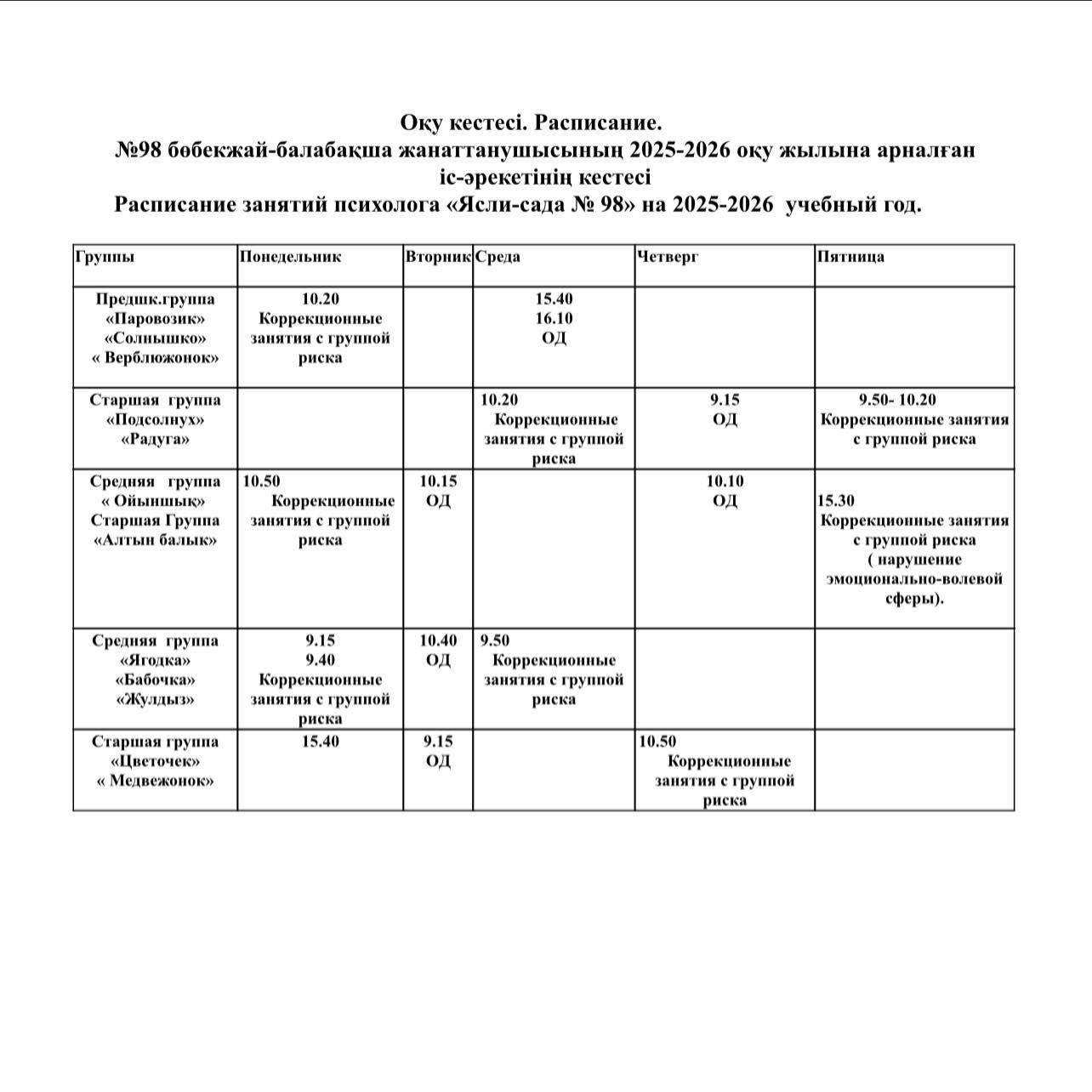 «Расписание  занятие психолога» 2025-2026 учебный год